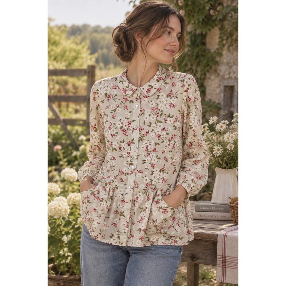 April Cornell Tunic Womens L Cream Floral Cotton Peplum Button Front Pockets